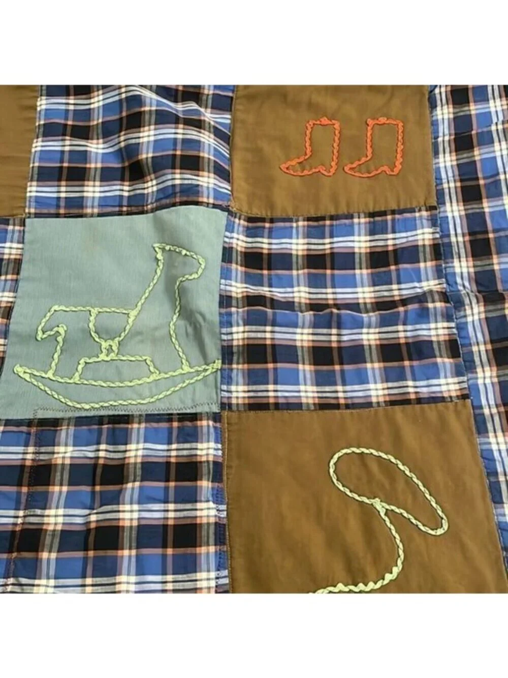 Homemade Plaid Squares Western‎ Corduroy Squares Vintage Quilt 25 In x 54 In
